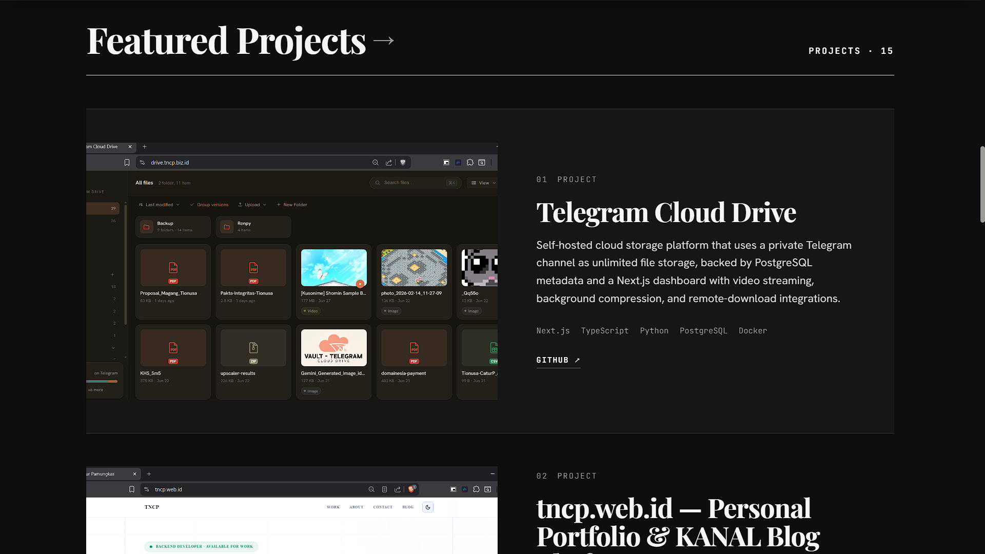 Screenshot from tncp.web.id — Personal Portfolio & KANAL Blog Platform