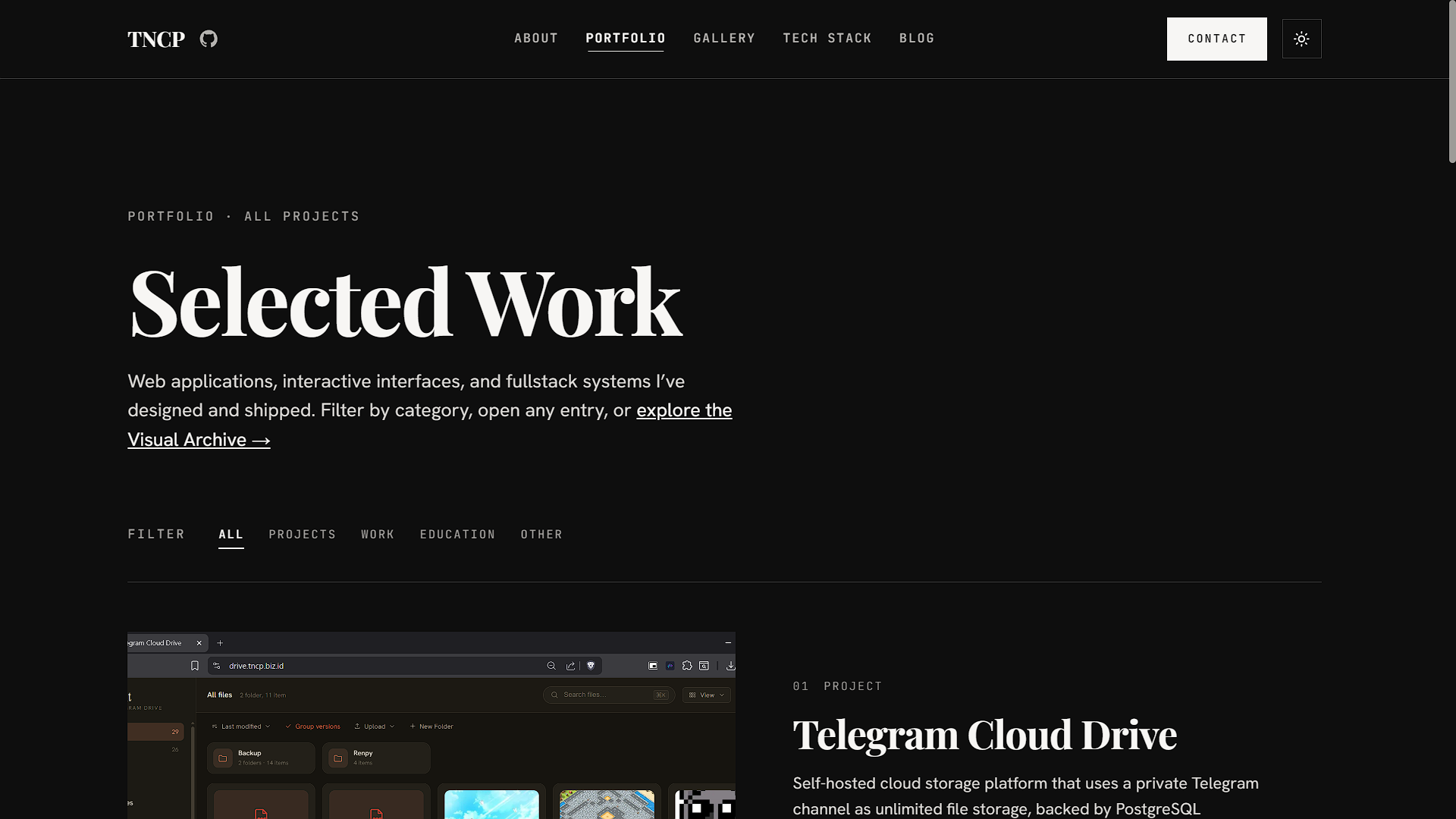 Screenshot from tncp.web.id — Personal Portfolio & KANAL Blog Platform