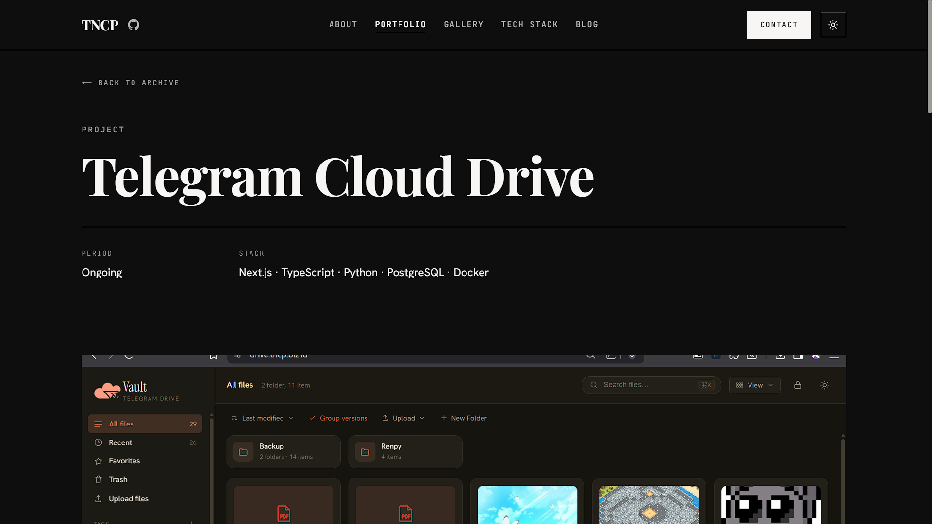 Screenshot from tncp.web.id — Personal Portfolio & KANAL Blog Platform