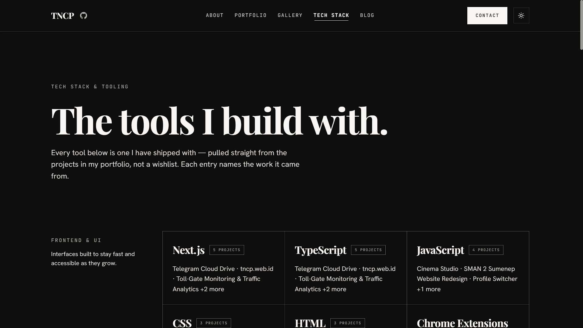 Screenshot from tncp.web.id — Personal Portfolio & KANAL Blog Platform